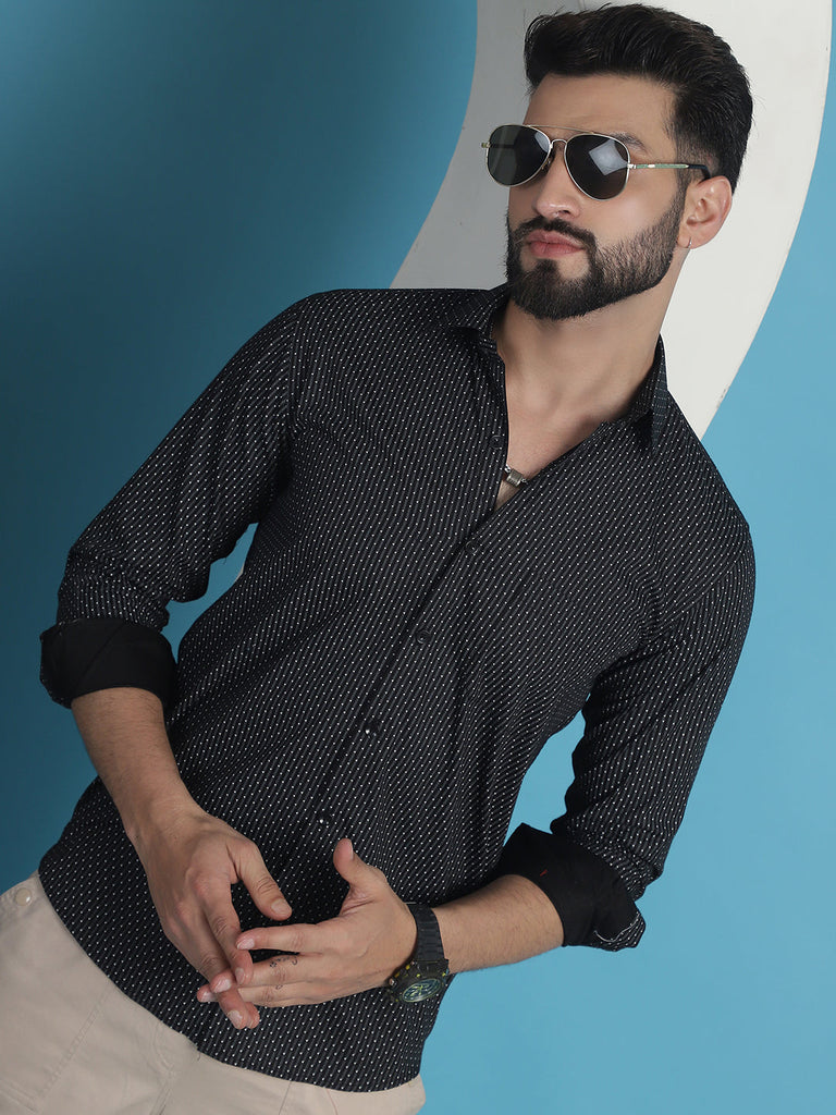 Men's Black Geometric Printed Cotton Casual Shirt