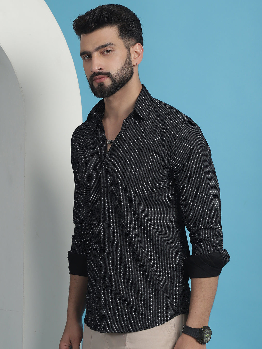 Men's Black Geometric Printed Cotton Casual Shirt - Taantav