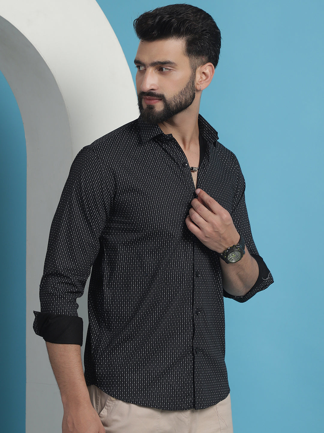 Men's Black Geometric Printed Cotton Casual Shirt - Taantav