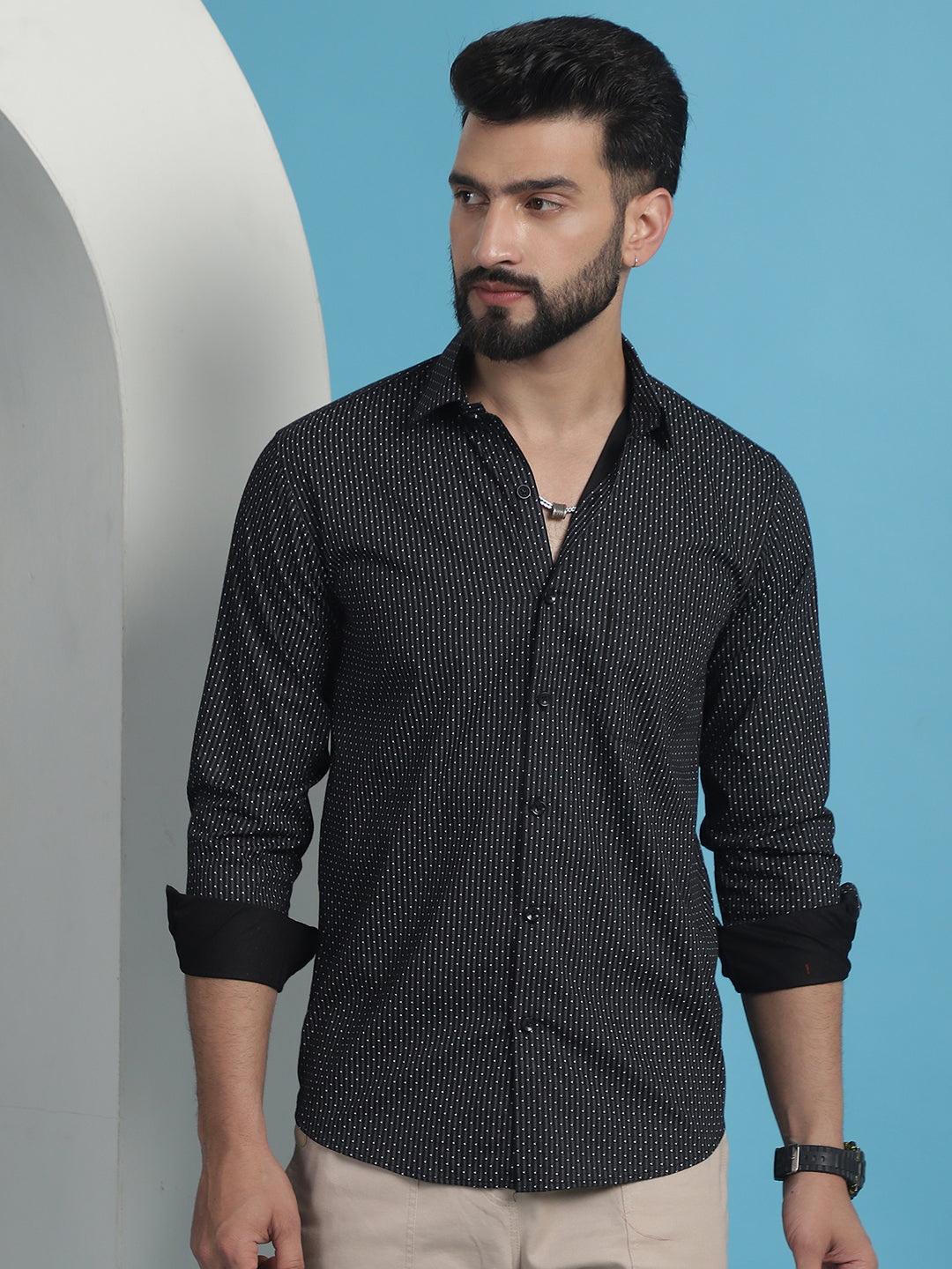 Men's Black Geometric Printed Cotton Casual Shirt - Taantav