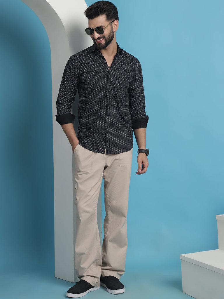 Men's Black Geometric Printed Cotton Casual Shirt