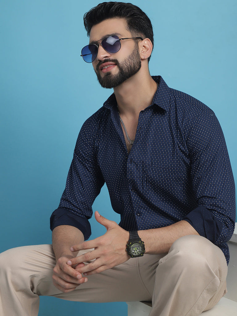 Men's Navy Blue Geometric Printed Cotton Casual Shirt