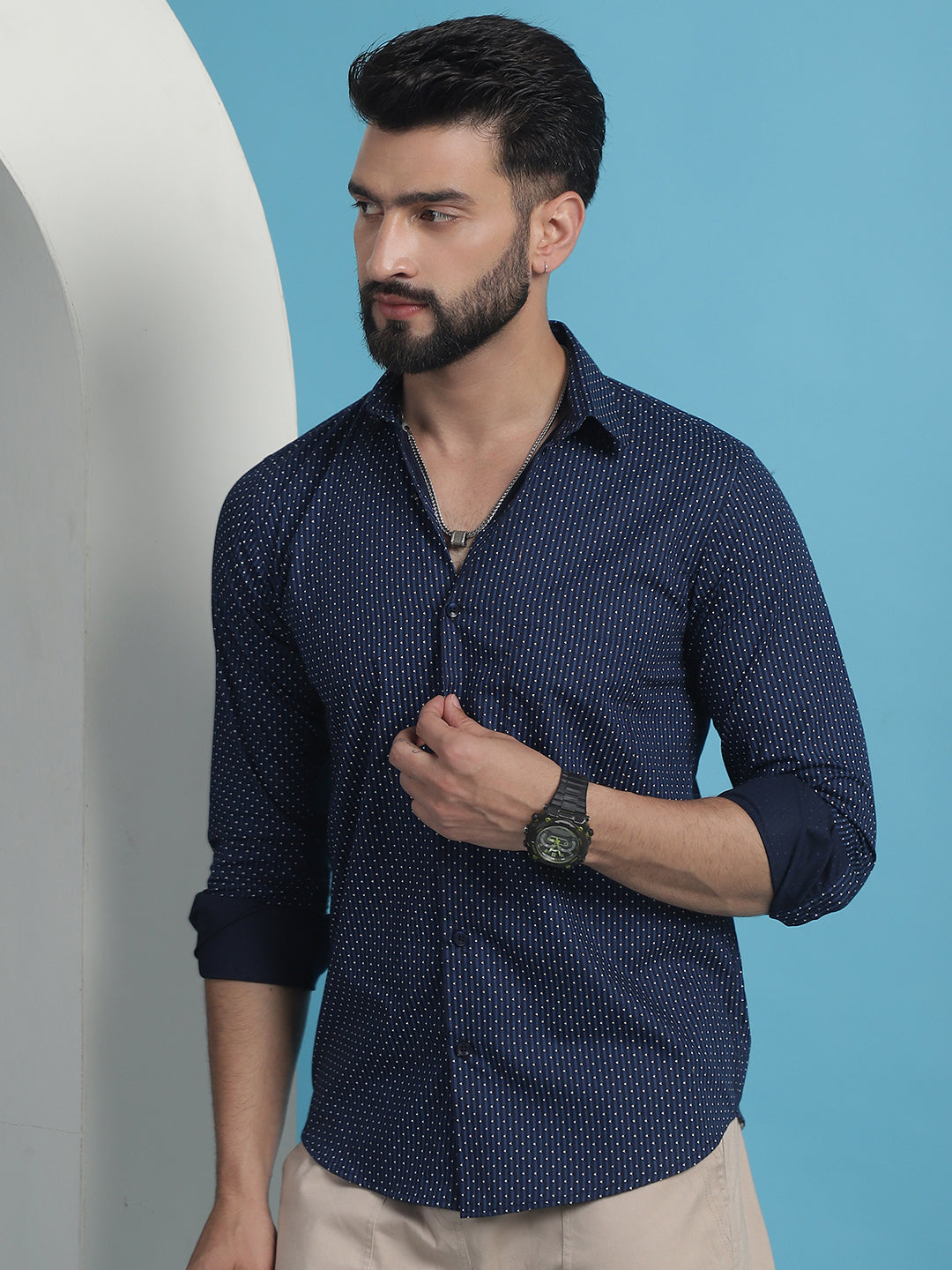 Men's Navy Blue Geometric Printed Cotton Casual Shirt - Taantav