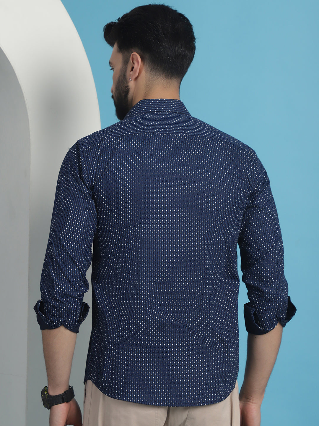 Men's Navy Blue Geometric Printed Cotton Casual Shirt - Taantav