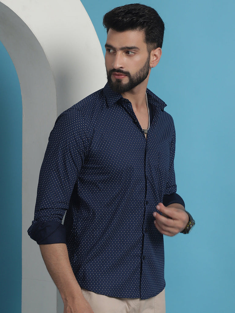 Men's Navy Blue Geometric Printed Cotton Casual Shirt