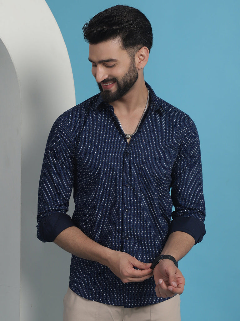 Men's Navy Blue Geometric Printed Cotton Casual Shirt