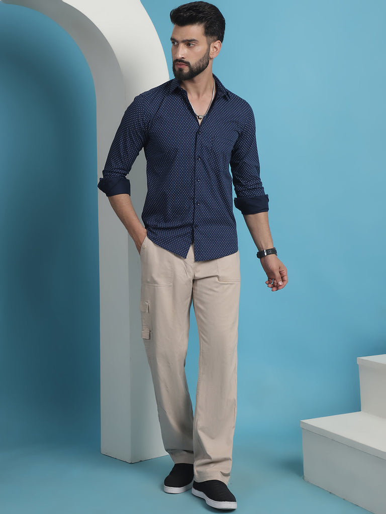 Men's Navy Blue Geometric Printed Cotton Casual Shirt
