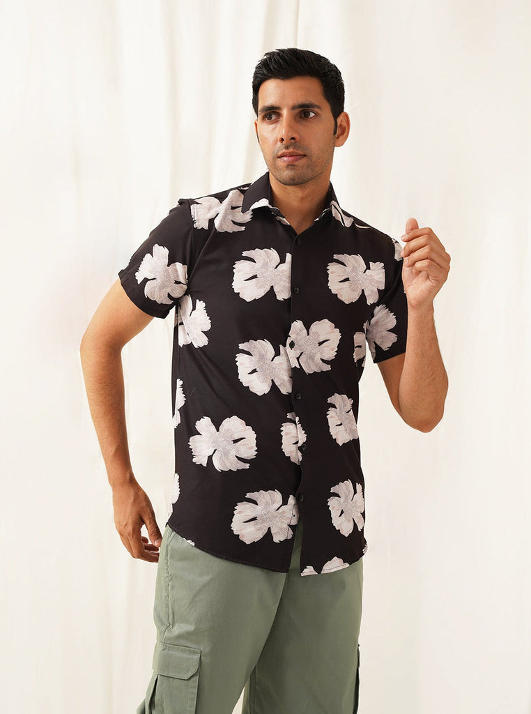 Men's Classic Floral Printed Spread Collar Cotton Curved Casual Shirt