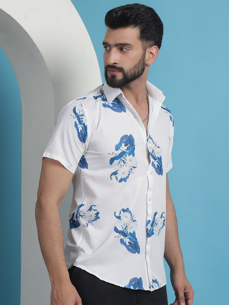 Men's Blue Floral Printed Cotton Casual Shirt