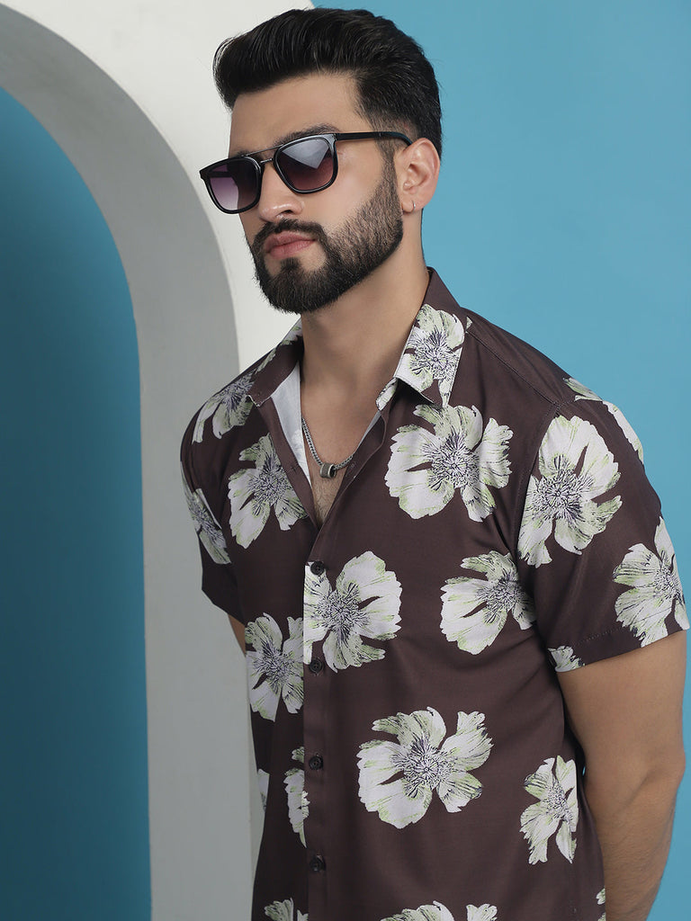 Men's Brown Floral Printed Cotton Casual Shirt