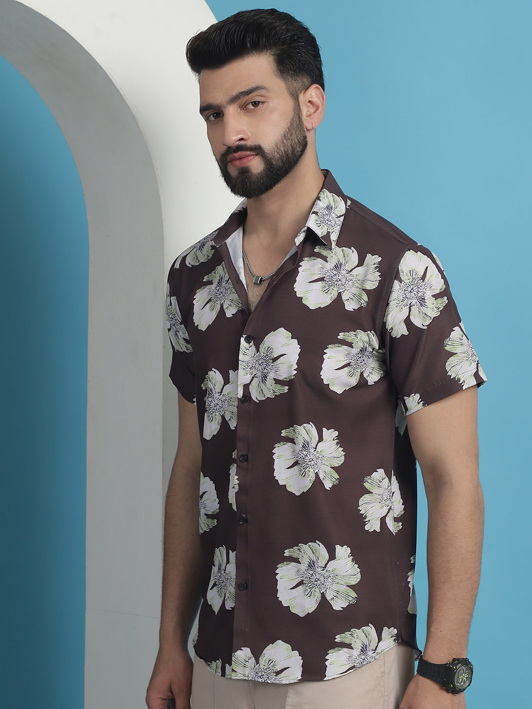 Men's Brown Floral Printed Cotton Casual Shirt - Taantav