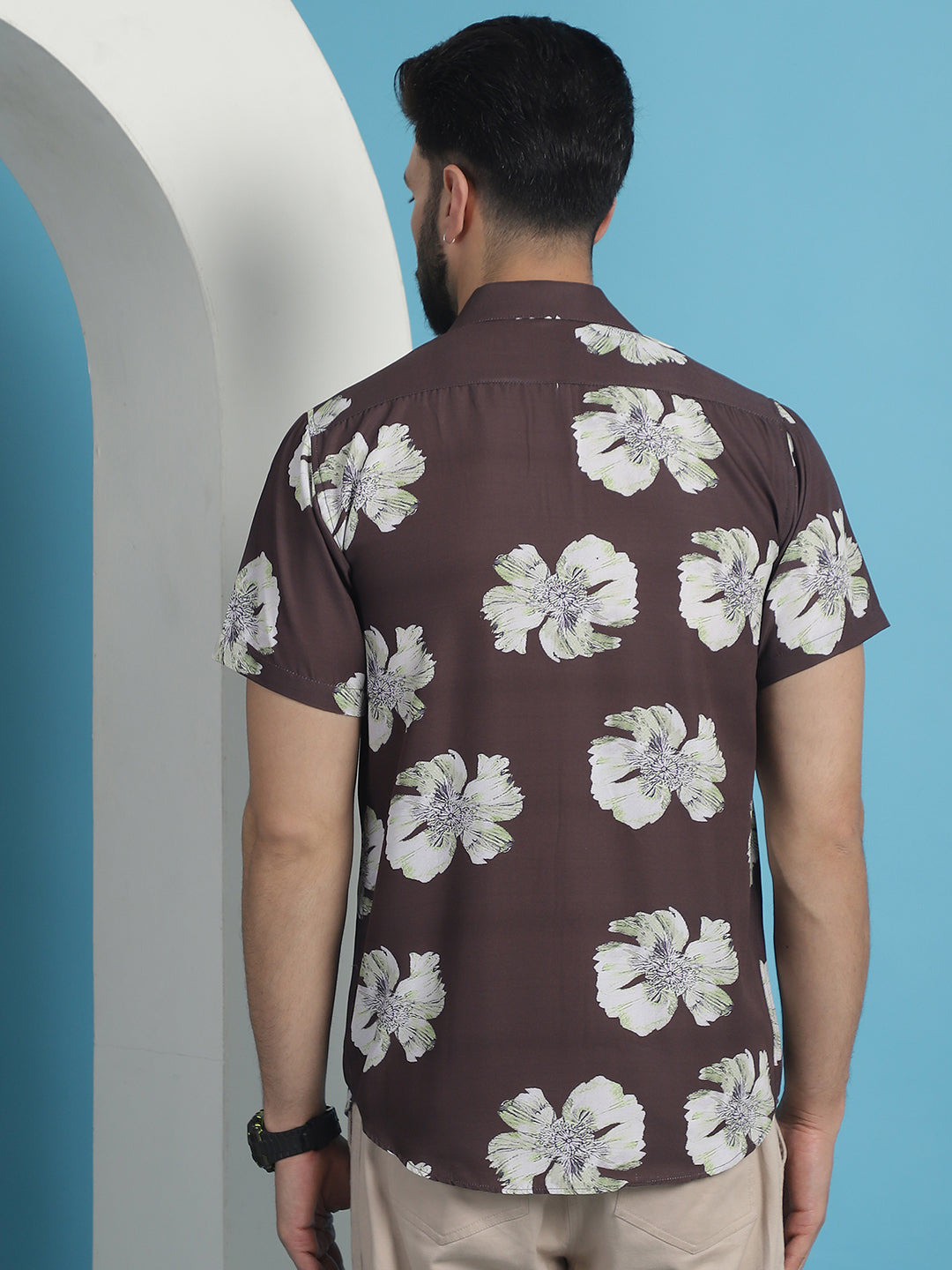 Men's Brown Floral Printed Cotton Casual Shirt - Taantav