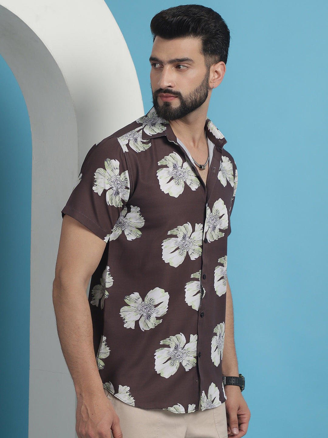 Men's Brown Floral Printed Cotton Casual Shirt - Taantav