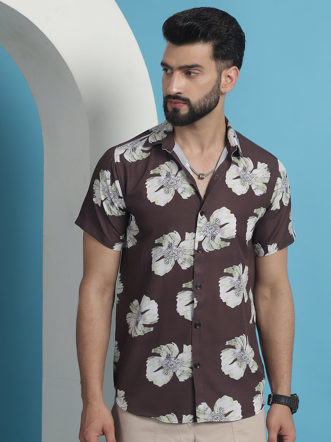 Men's Brown Floral Printed Cotton Casual Shirt - Taantav