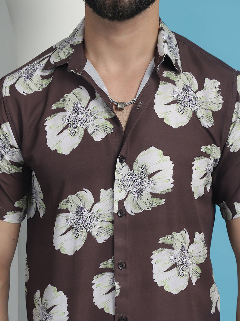 Men's Brown Floral Printed Cotton Casual Shirt