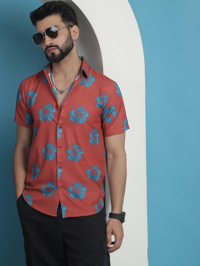 Men's Red Floral Printed Cotton Casual Shirt