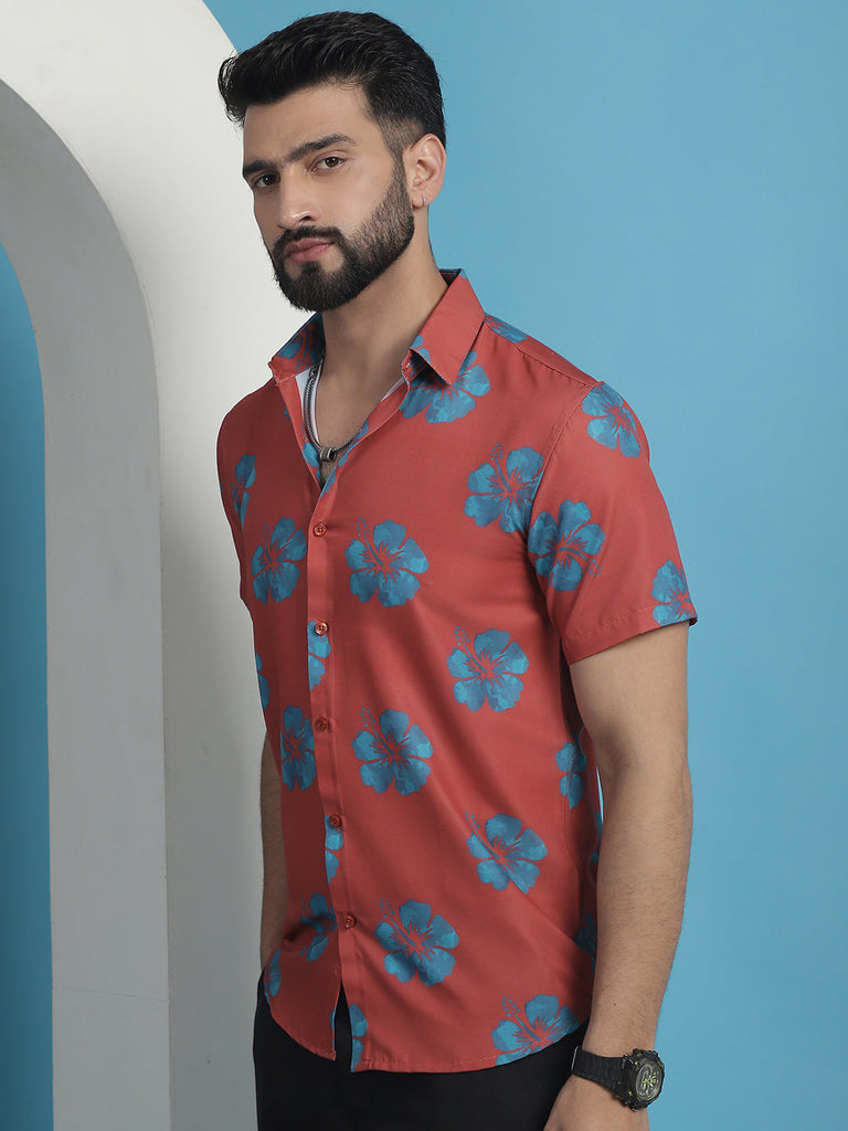 Men's Red Floral Printed Cotton Casual Shirt
