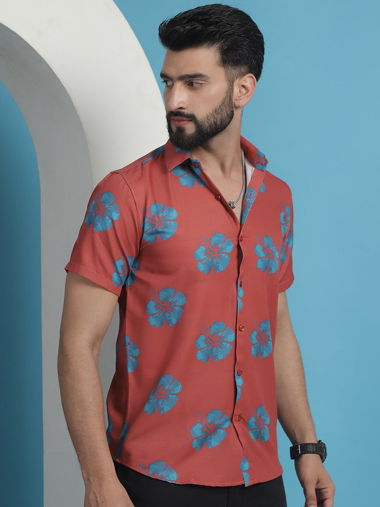 Men's Red Floral Printed Cotton Casual Shirt