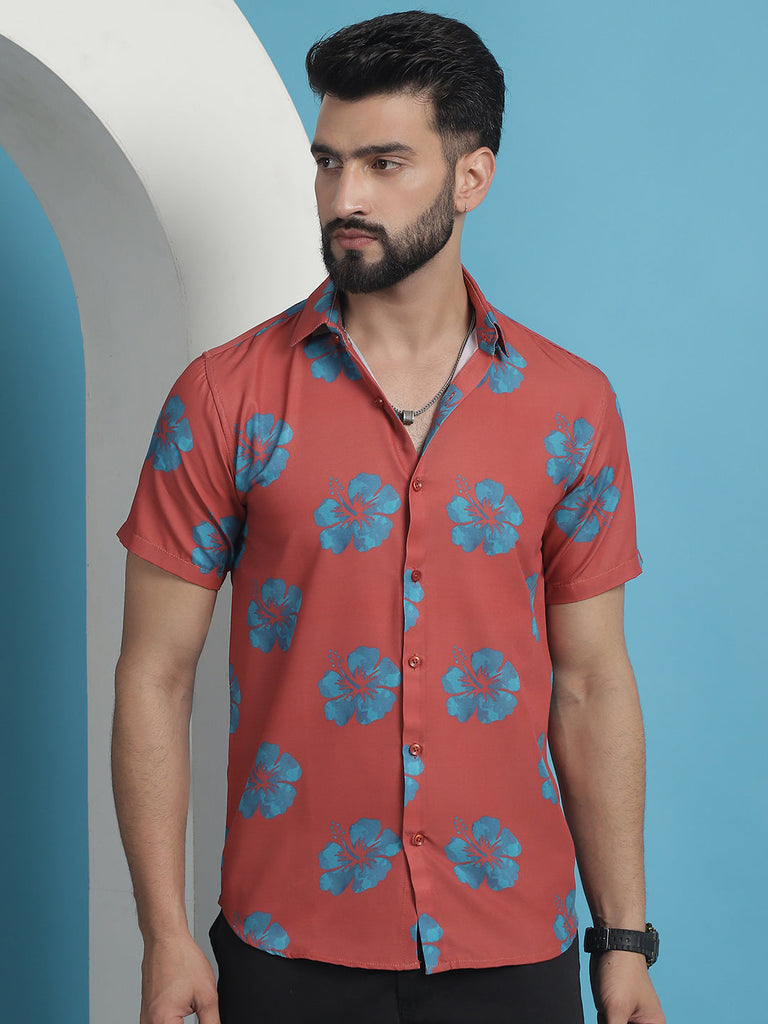 Men's Red Floral Printed Cotton Casual Shirt