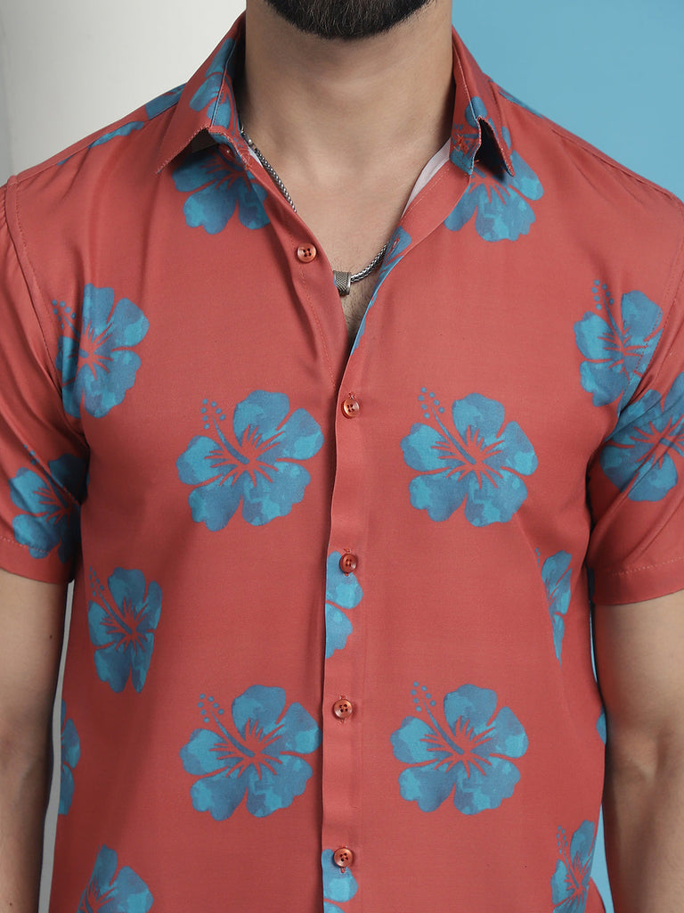 Men's Red Floral Printed Cotton Casual Shirt