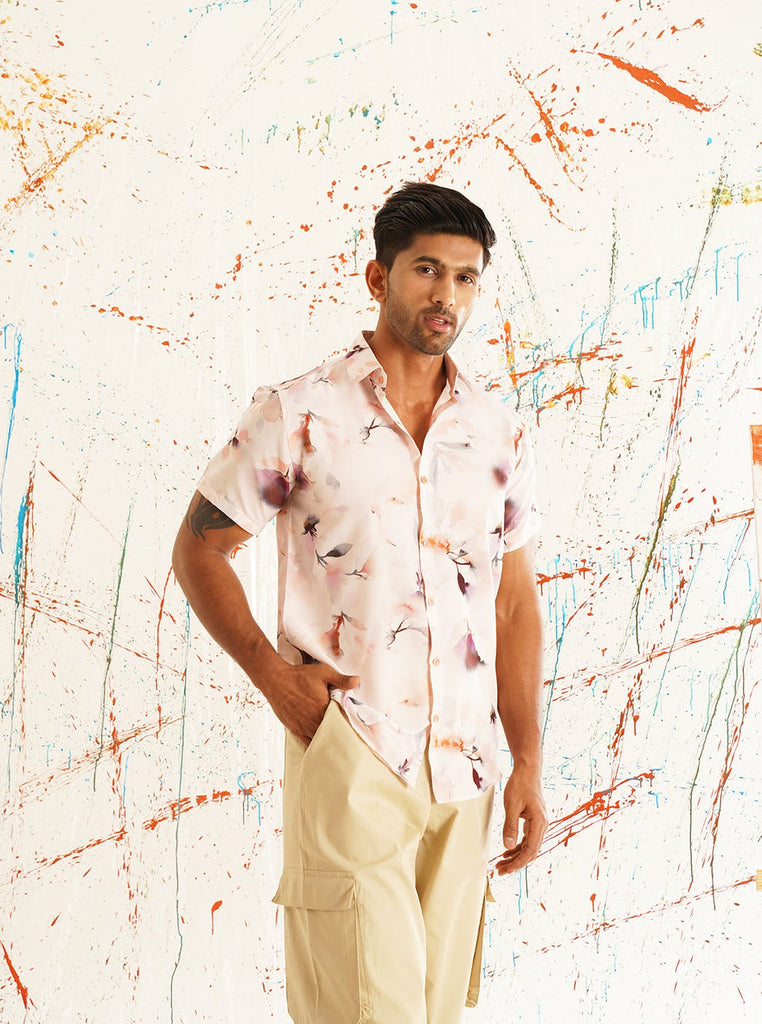 Men's Classic Orange Printed Spread Collar Cotton Curved Casual Shirt