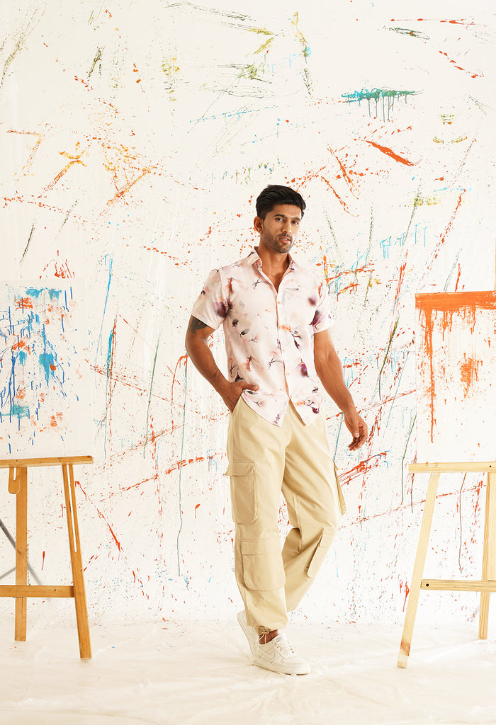 Men's Classic Orange Printed Spread Collar Cotton Curved Casual Shirt