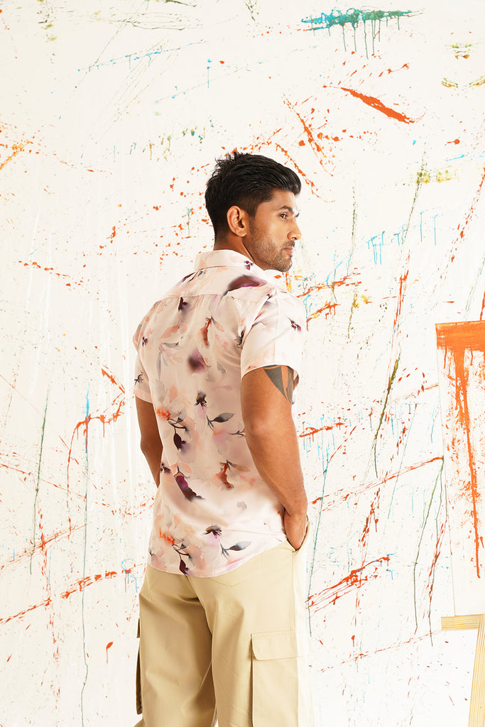 Men's Classic Orange Printed Spread Collar Cotton Curved Casual Shirt