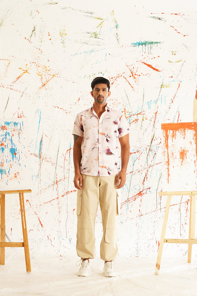 Men's Classic Orange Printed Spread Collar Cotton Curved Casual Shirt