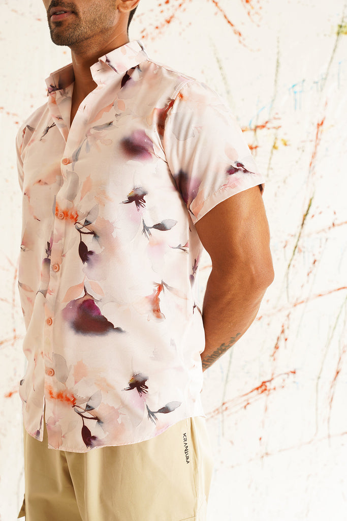 Men's Classic Orange Printed Spread Collar Cotton Curved Casual Shirt