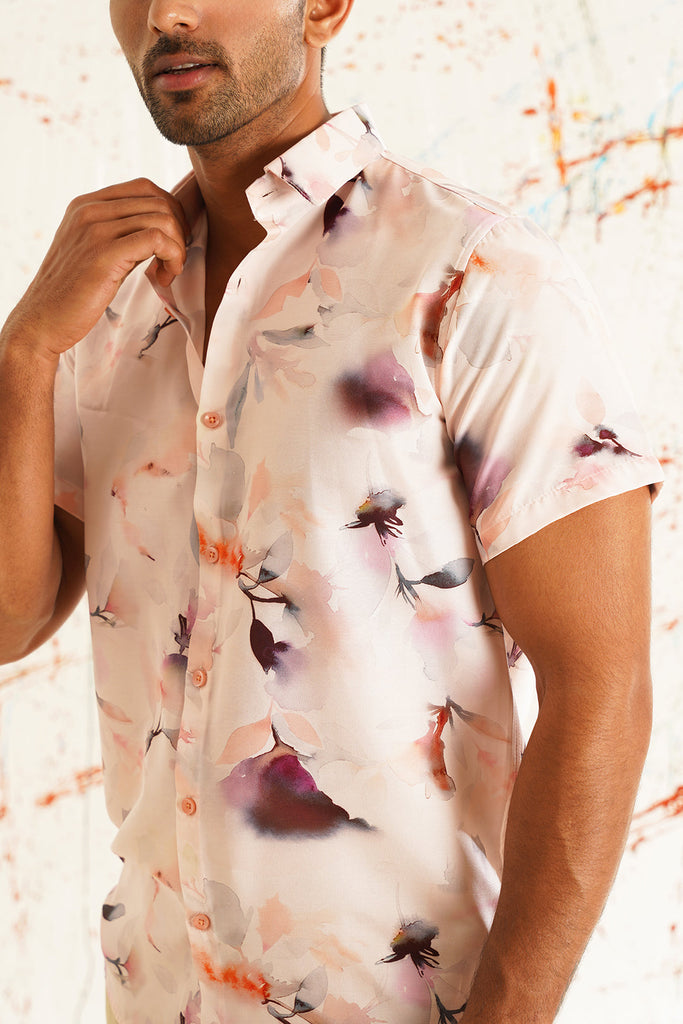 Men's Classic Orange Printed Spread Collar Cotton Curved Casual Shirt