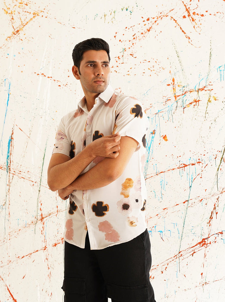 Men's Classic Peach Floral Printed Spread Collar Cotton Curved Casual Shirt