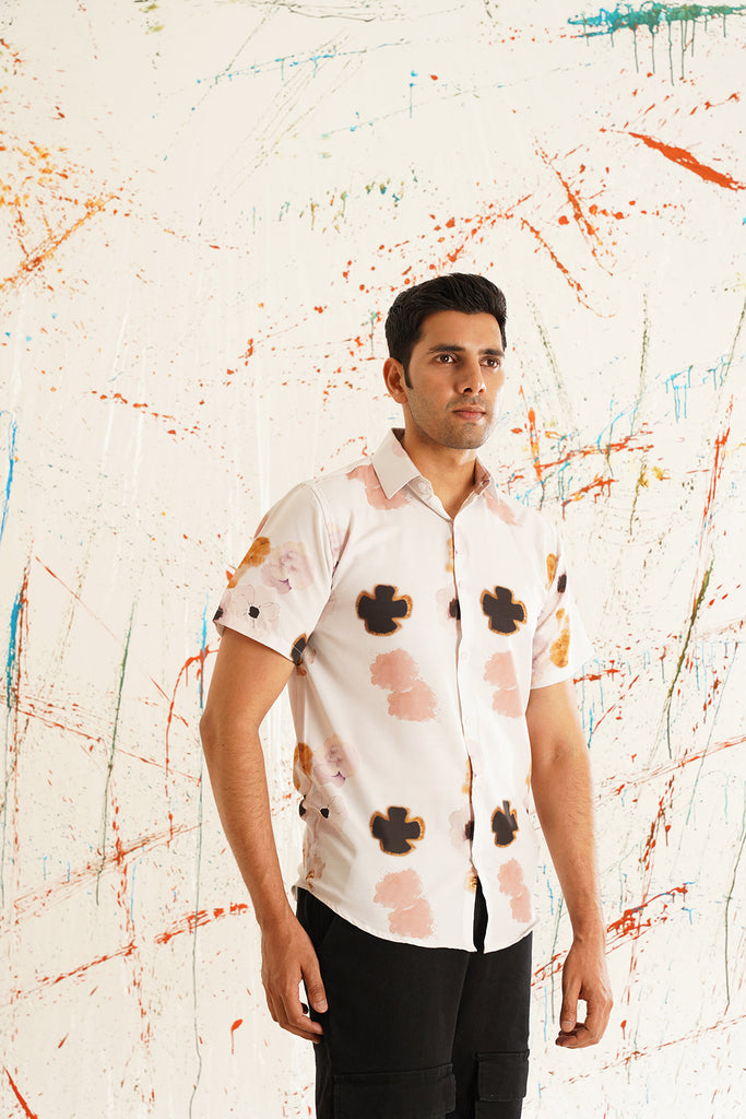 Men's Classic Peach Floral Printed Spread Collar Cotton Curved Casual Shirt