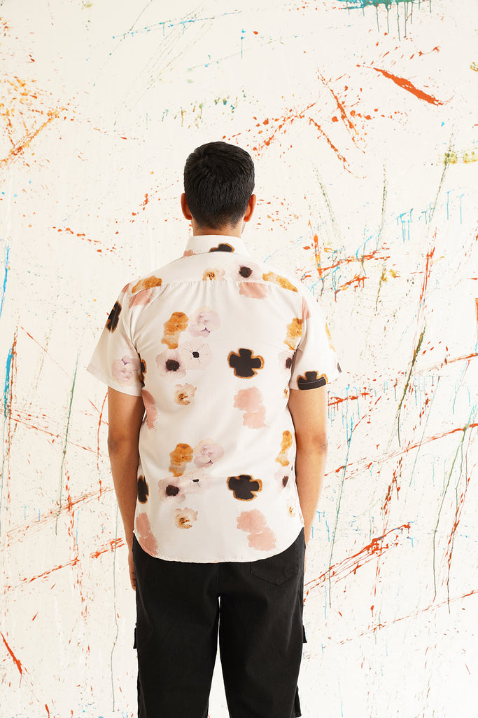 Men's Classic Peach Floral Printed Spread Collar Cotton Curved Casual Shirt