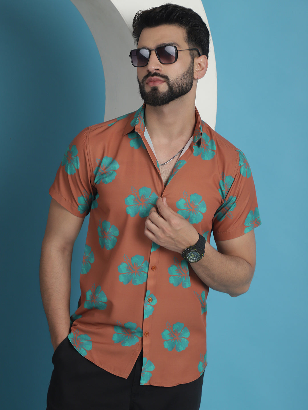 Men's Rust Floral Printed Cotton Casual Shirt - Taantav