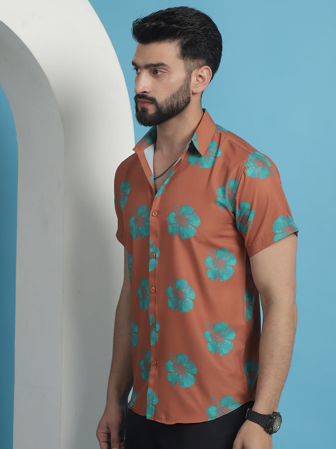 Men's Rust Floral Printed Cotton Casual Shirt - Taantav