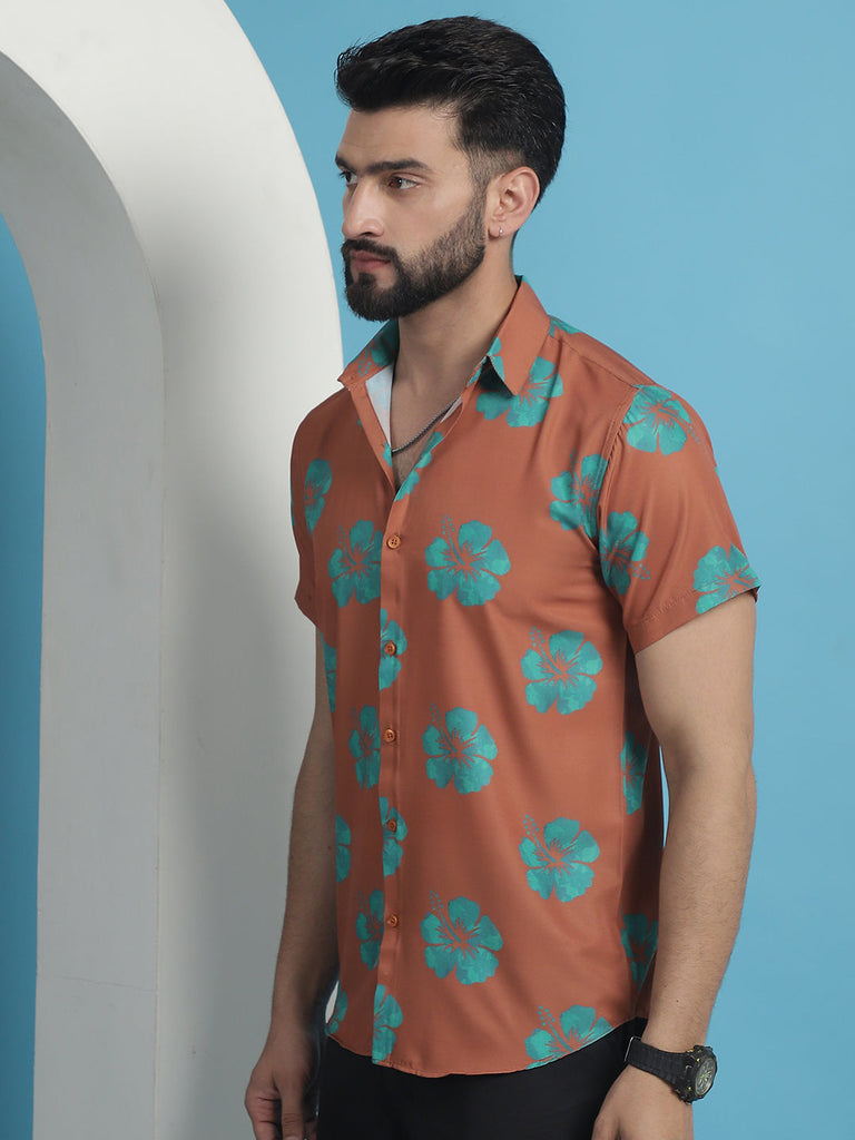 Men's Rust Floral Printed Cotton Casual Shirt