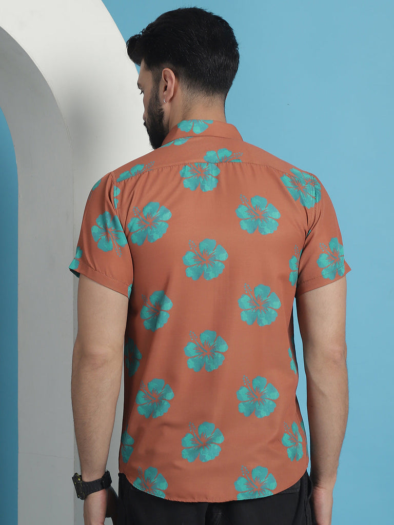 Men's Rust Floral Printed Cotton Casual Shirt