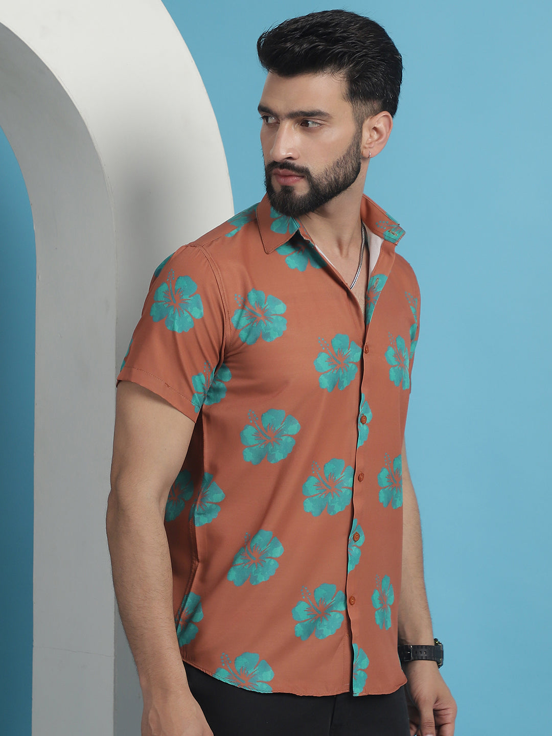 Men's Rust Floral Printed Cotton Casual Shirt - Taantav