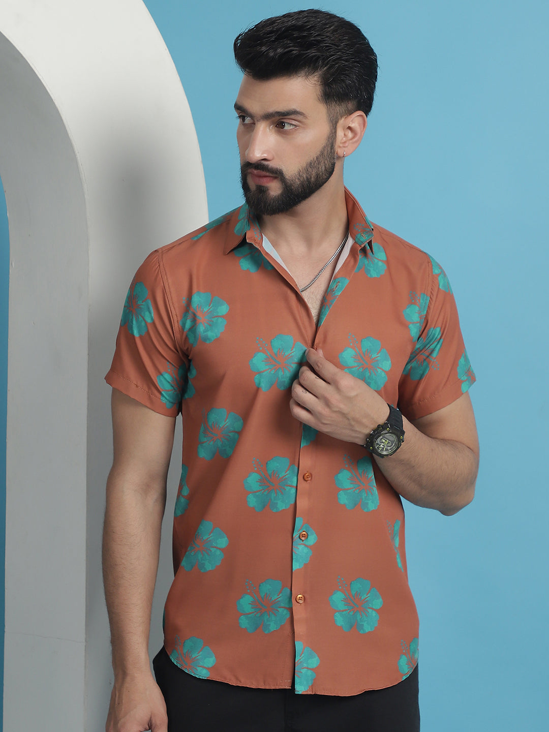 Men's Rust Floral Printed Cotton Casual Shirt - Taantav