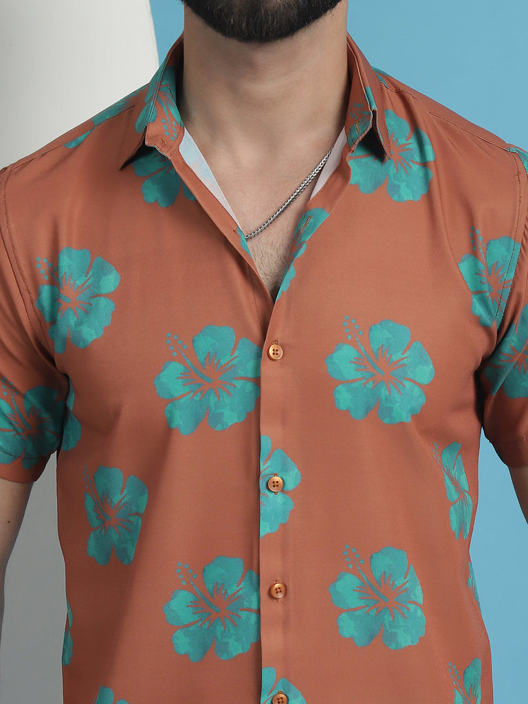 Men's Rust Floral Printed Cotton Casual Shirt