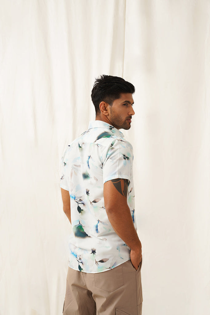 Men's Classic Blue Floral Printed Spread Collar Cotton Curved Casual Shirt