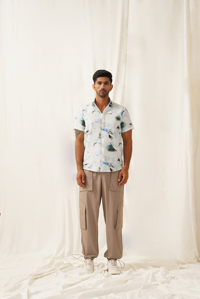 Men's Classic Blue Floral Printed Spread Collar Cotton Curved Casual Shirt