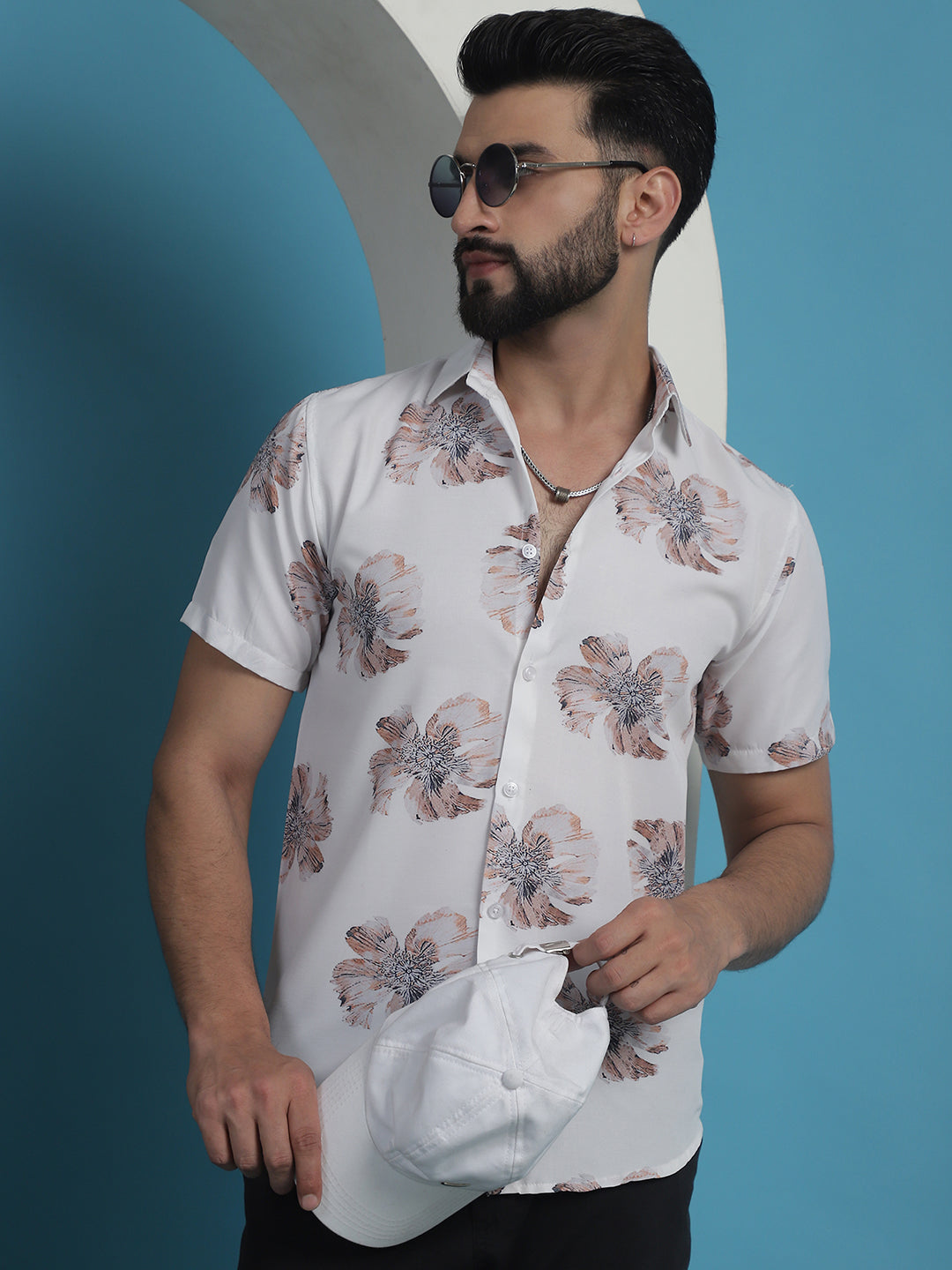 Men's White Floral Printed Cotton Casual Shirt - Taantav