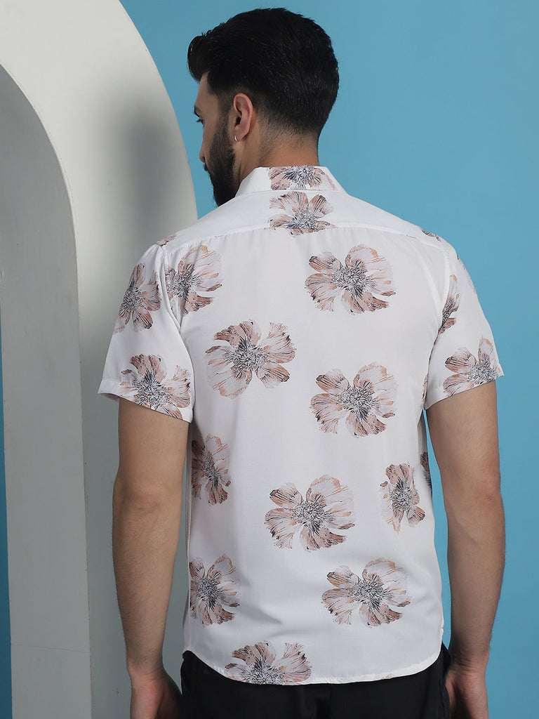 Men's White Floral Printed Cotton Casual Shirt