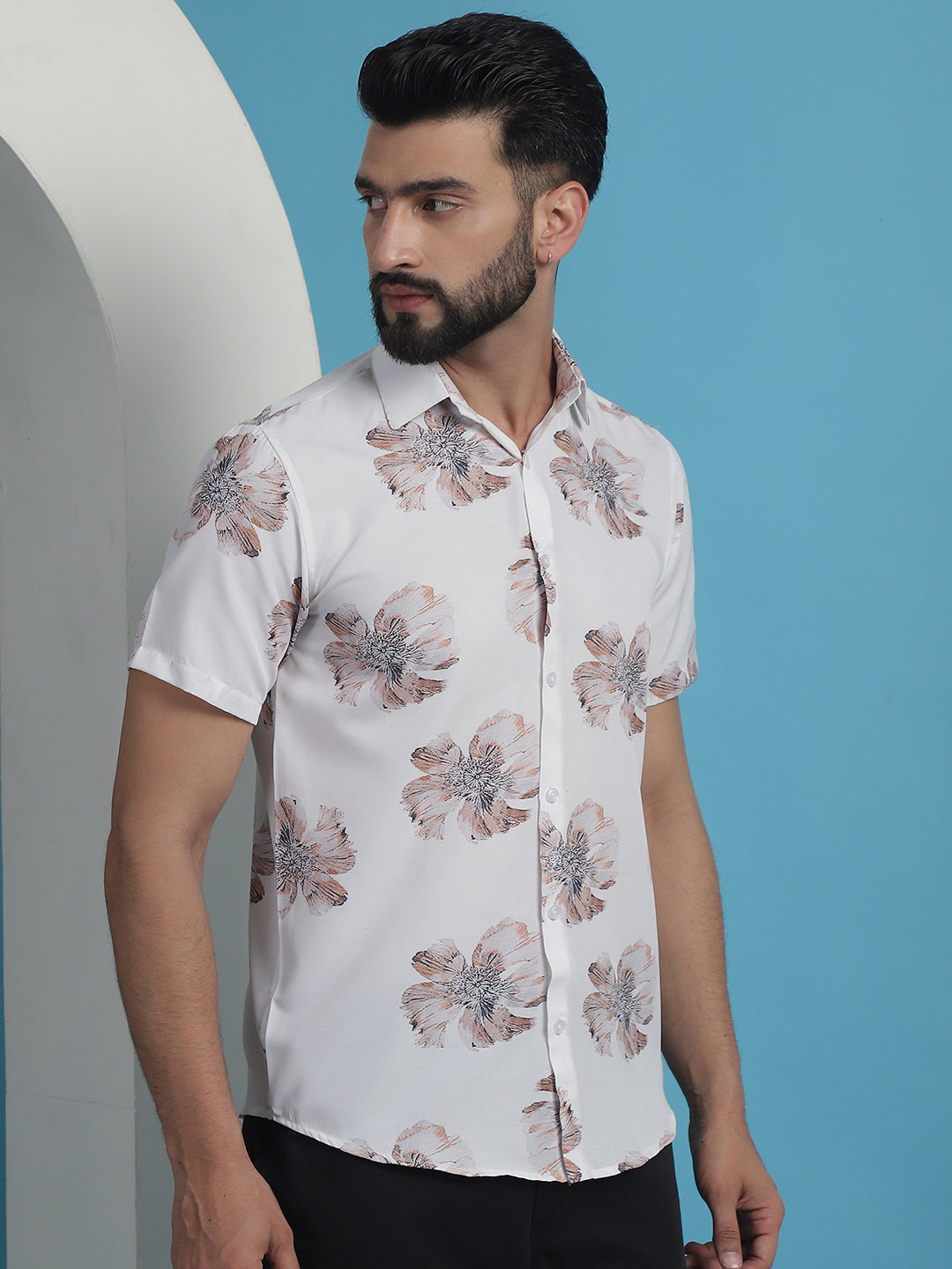 Men's White Floral Printed Cotton Casual Shirt - Taantav