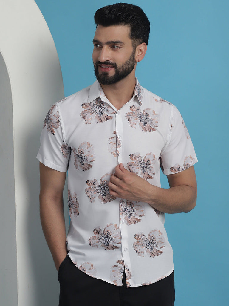 Men's White Floral Printed Cotton Casual Shirt
