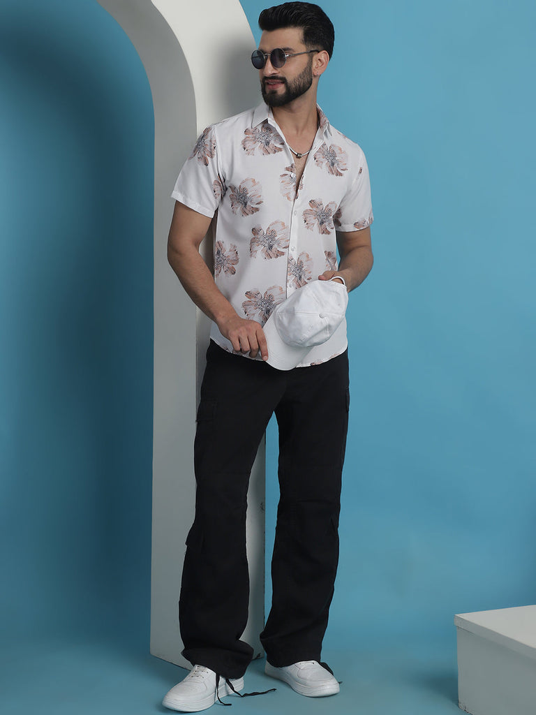 Men's White Floral Printed Cotton Casual Shirt