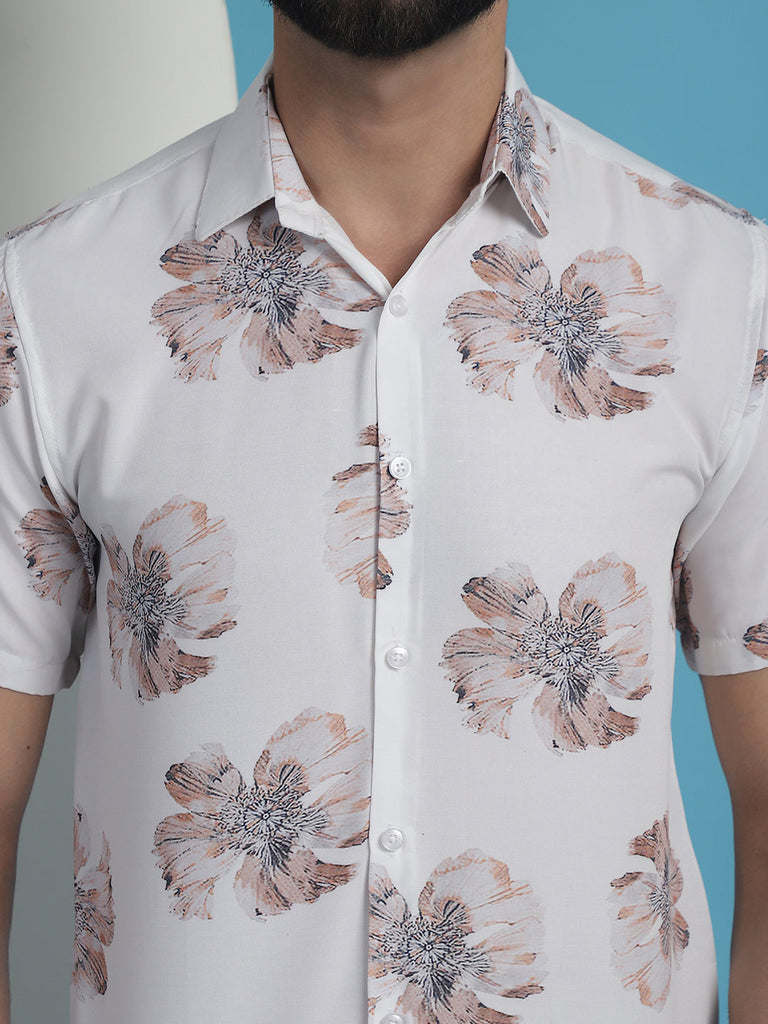 Men's White Floral Printed Cotton Casual Shirt