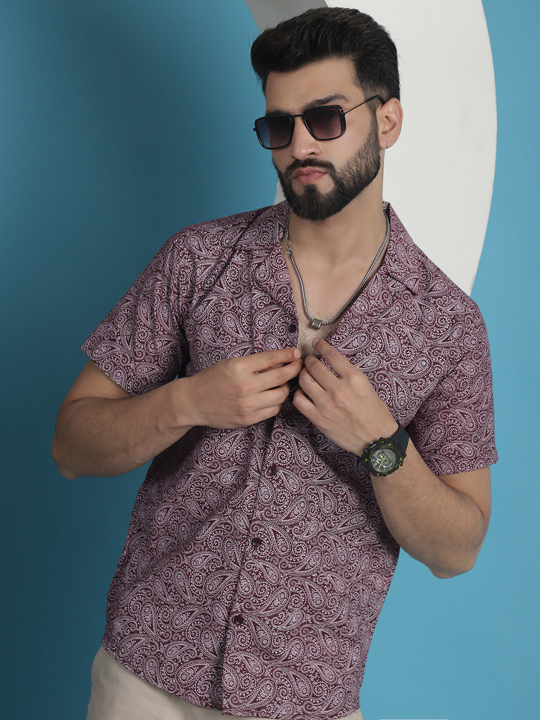 Men's Maroon Paisley Printed Cotton Casual Shirt - Taantav