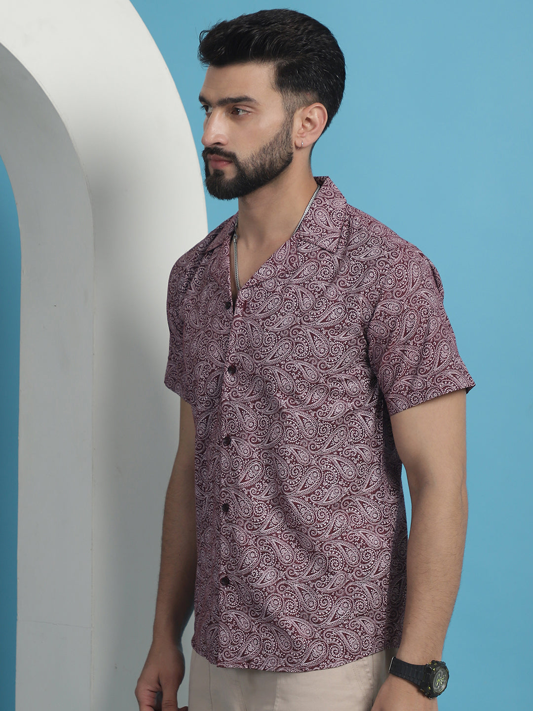 Men's Maroon Paisley Printed Cotton Casual Shirt - Taantav